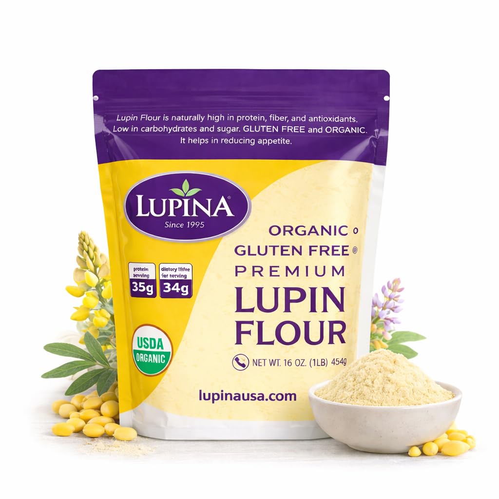 Lupina Organic Gluten-Free Lupin Flour - Pack 1-16 oz- High-Protein, High-Fiber, Low-Carb Plant-Based Flour - Non-GMO Vegan Superfood for Baking