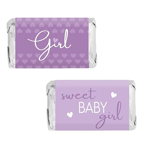 Purple Baby Shower Sticker Candy Bar Wrappers for Chocolate Miniatures, It's a Girl Party Favor Labels, Lavender Baby Shower Decorations - 42 Count