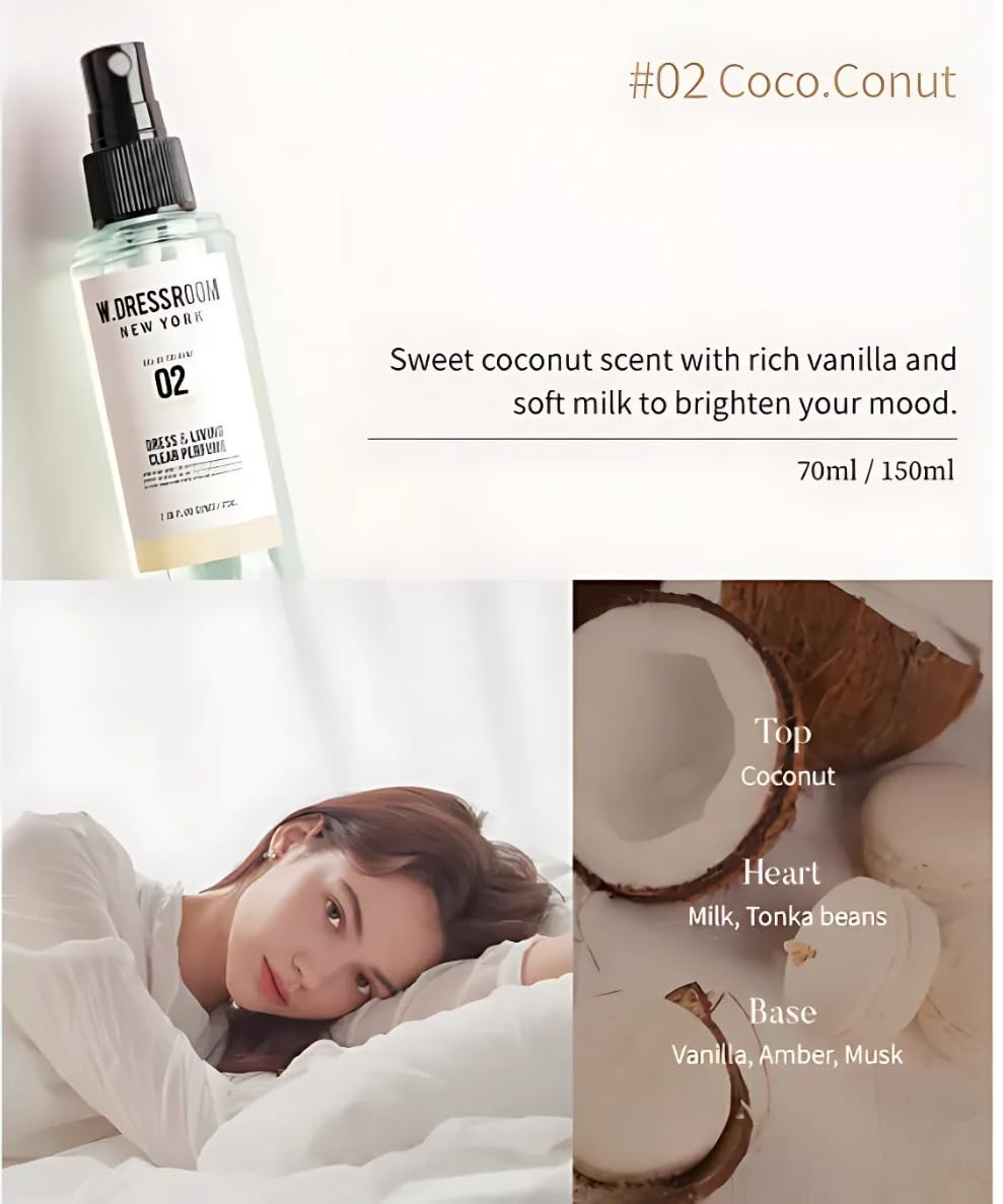 W.Dressroom No.02 Coco.Conut Dress & Living Clear Perfume (2.36 oz) - Fresh Scent for Clothes, Fabrics, Carpets & Rooms, Natural Odor Eliminator