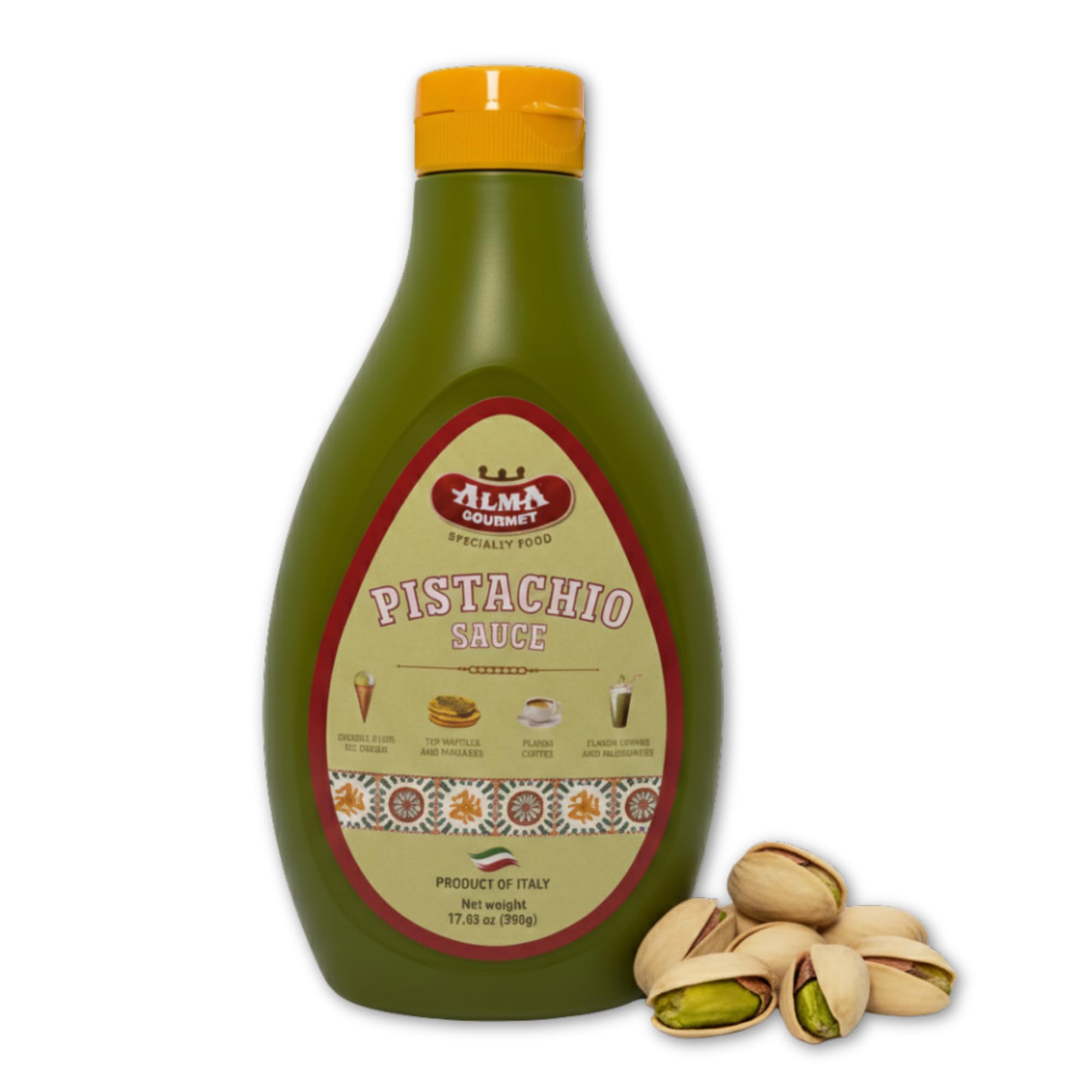 Alma Gourmet Sicilian Pistachio Sauce 17.6oz (500g) - Italian Pistachio Cream Dessert & Coffee Drizzle Topping for Ice Cream, Gelato, Waffles