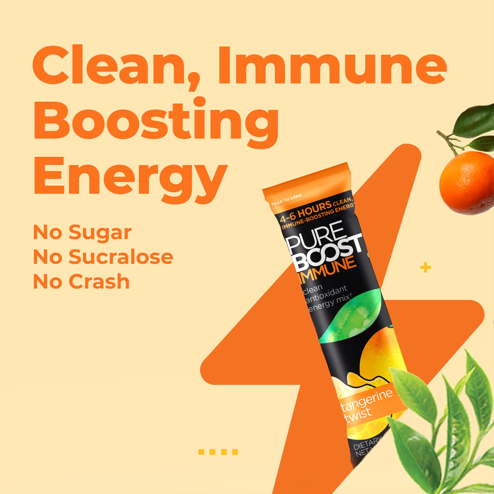 Pureboost Sugar-Free Immune Clean Energy Booster, Tangerine Twist 30 Count, Refreshing Energy Drink Mix and Immunity Supplement with Elderberry, 1,200