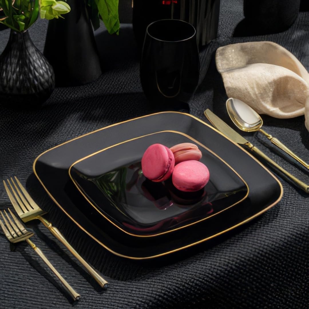 Blue Sky Organic Black Square Plates Combo (32 Count) | Premium Plastic Plates: 7.25" & 10" | Gold-Rimmed Disposable Dinnerware Party Essentials