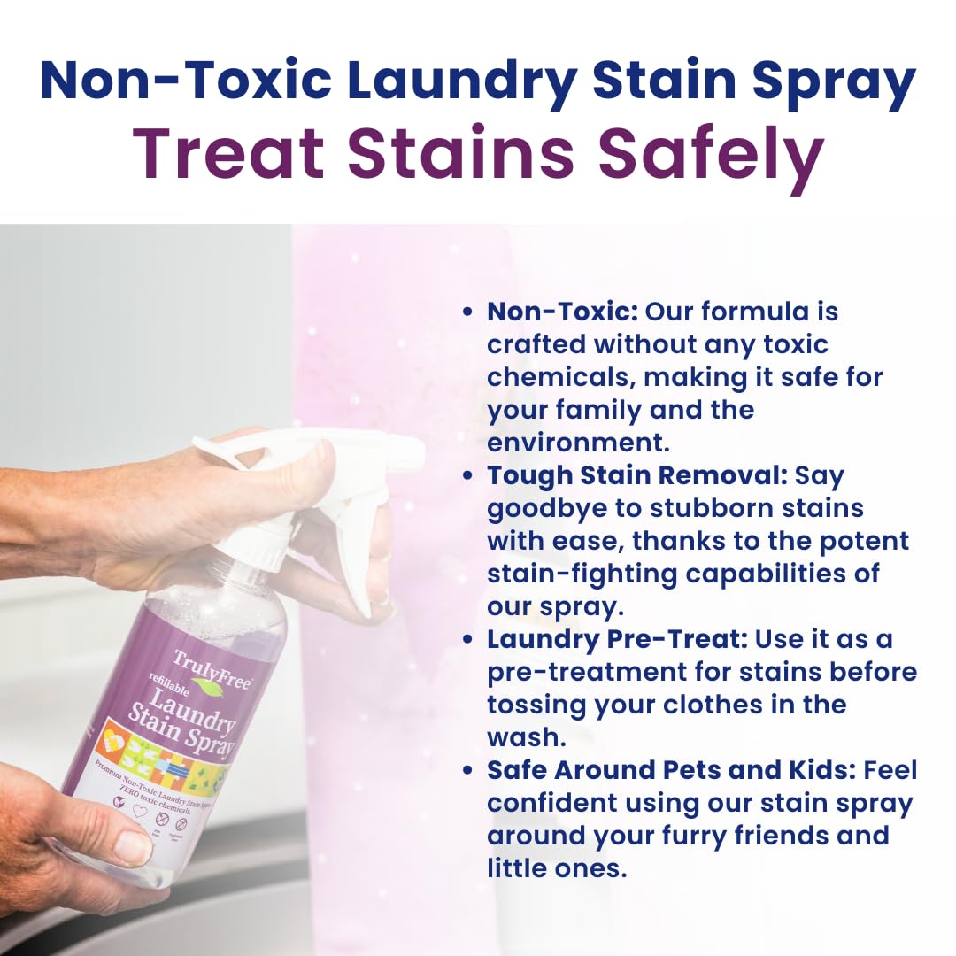 Truly Free Laundry Stain Remover Spray for Clothes - Removes Tough, Dried-In Stains on Whites & Colors -Natural Ingredients - Gentle Yet Powerful