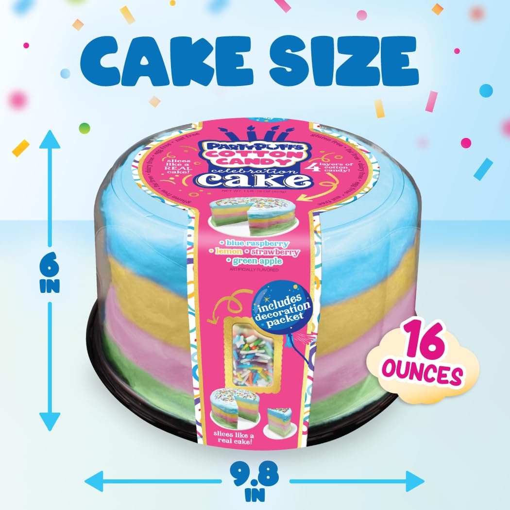 PartyPuffs Jumbo Cotton Candy Cake 13oz - Slices Like Real Cake - Strawberry Apple Blue Raspberry Lemon - Crunchy Candy Topping - Ready to Serve