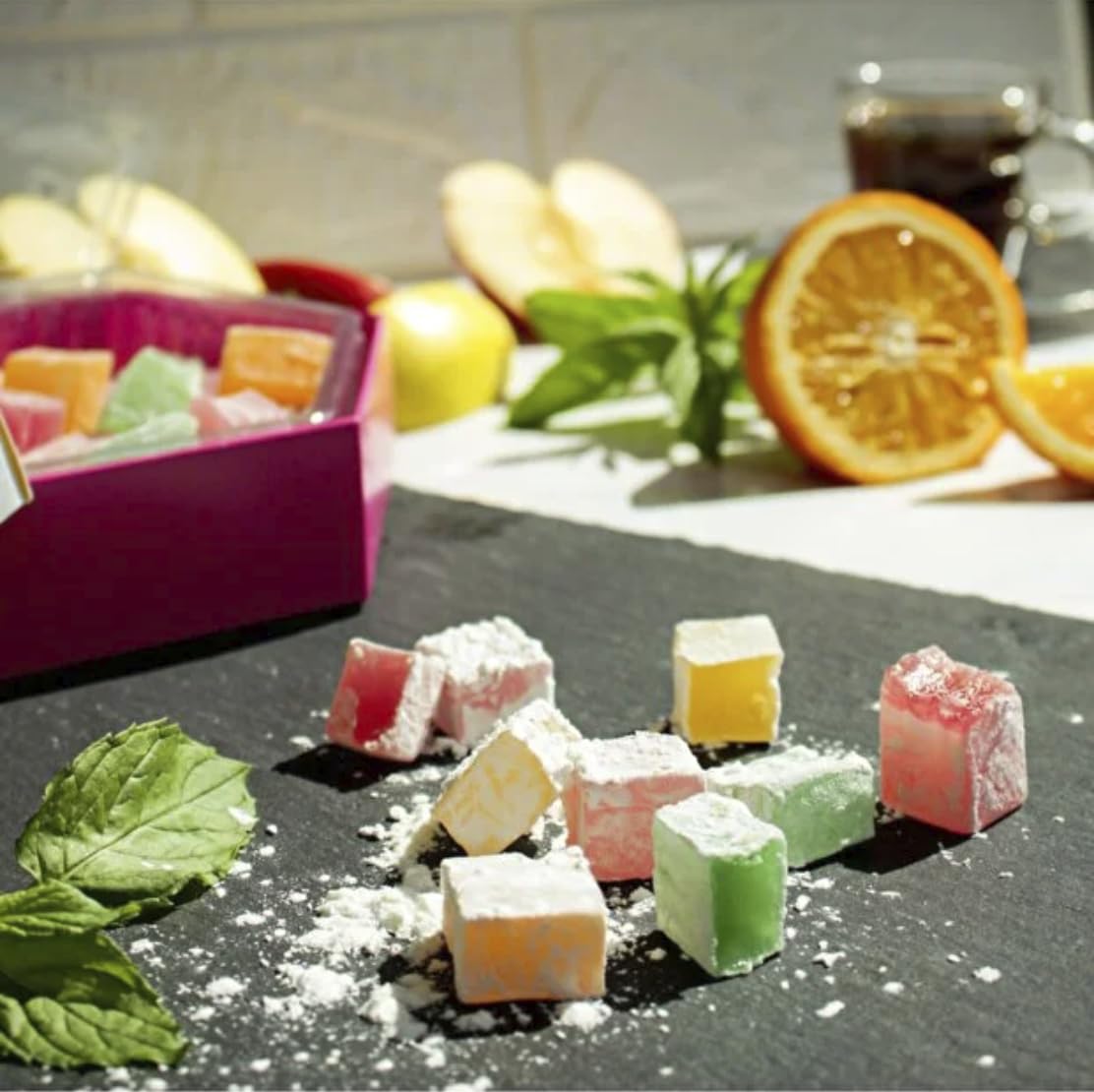 Tafe Traditional Turkish Delight - Mixed Fruit Flavored Lokum (Rose, Tangerine, Apple) - Premium Hexagonal Gift Box - Authentic Soft Candy Assortment