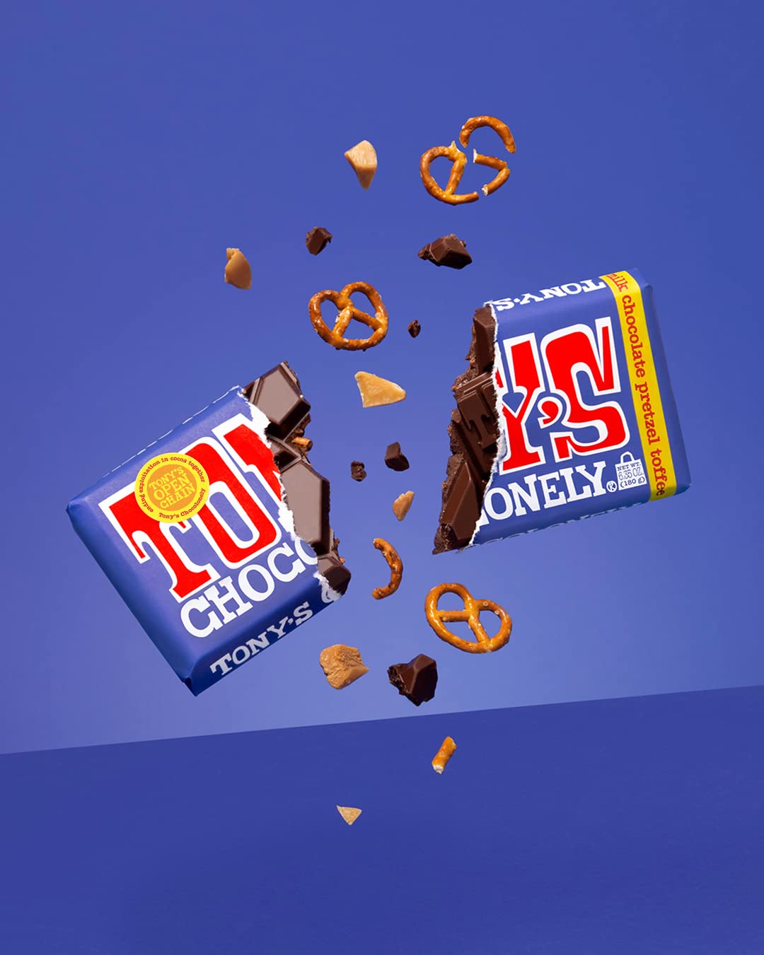 Tony's Chocolonely 42% Dark Milk Chocolate Bar with Pretzel and Toffee Belgium Chocolate, No Artificial Flavoring, Fairtrade & B Corp Certified - 6.35