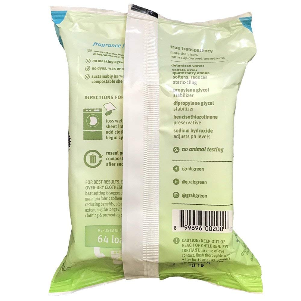 Grab Green Natural Wet Dryer Sheets, Unscented/Free & Clear, Fabric Softener & Static-Reducer, 64 Loads, Reusable & Compostable, Fragrance Free