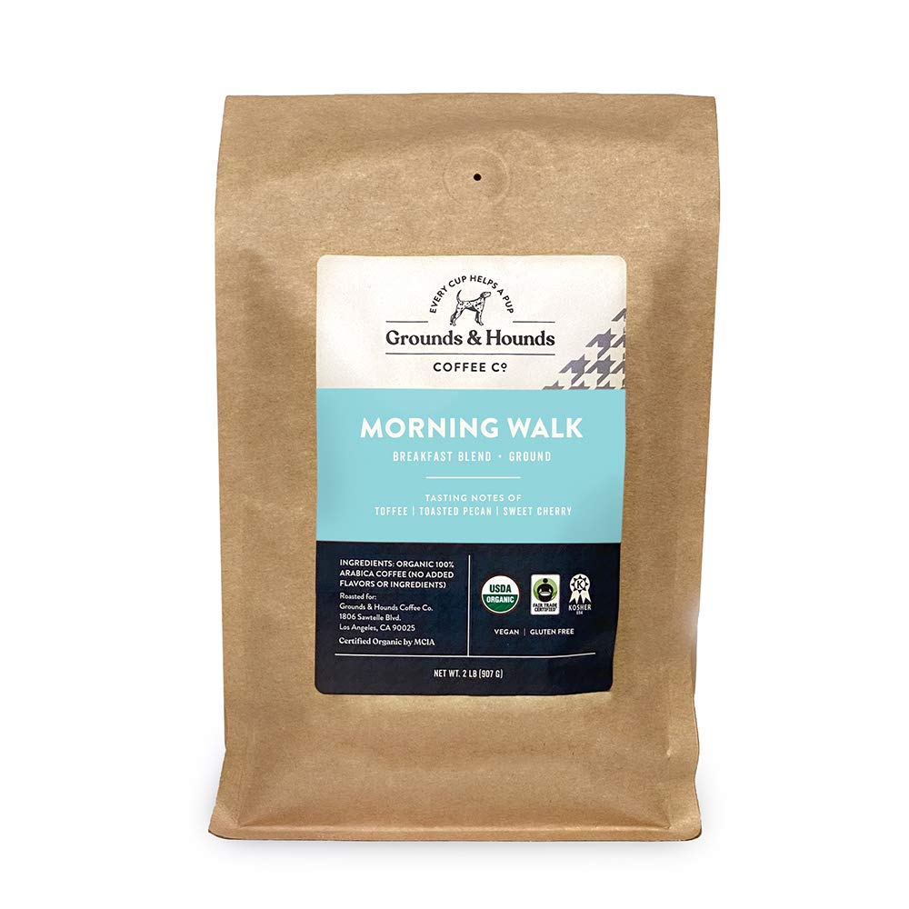 Grounds & Hounds Morning Walk Breakfast Blend - Ground, 100% Organic Coffee Grounds, Ground Coffee Medium Roast, Bulk Ground Coffee, 2lbs