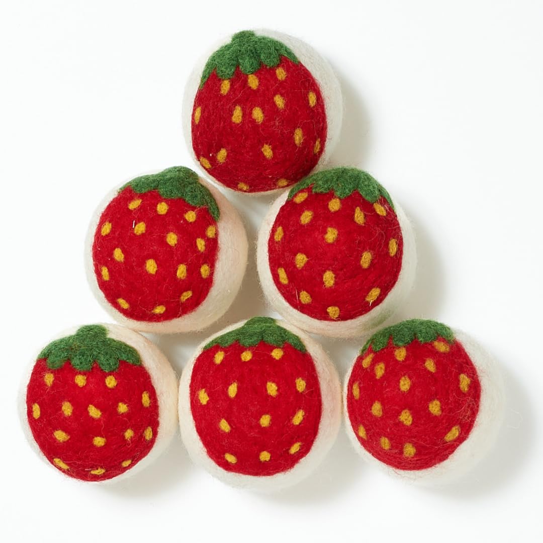 Bright Habits Upcycled Oversized New Zealand Wool Dryer Ball Set Strawberry Design, Handmade Fair Trade Eco Friendly Reusable Wool Dryer Balls