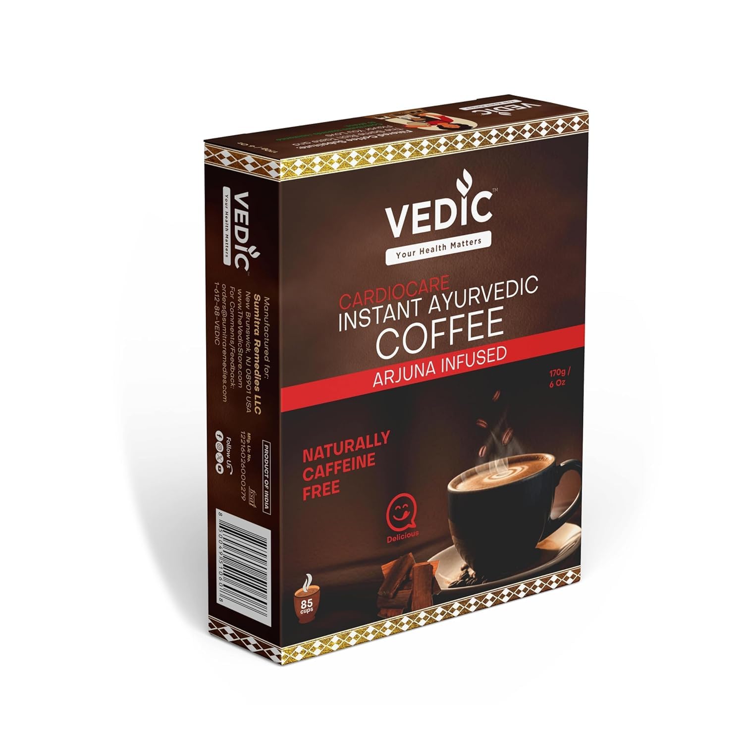 Vedic Cardiocare Instant Ayurvedic Coffee | Arjuna Infused Herbal Beverage | Caffeine Free | Natural Ingredients | Smooth & Gentle Taste | Easy