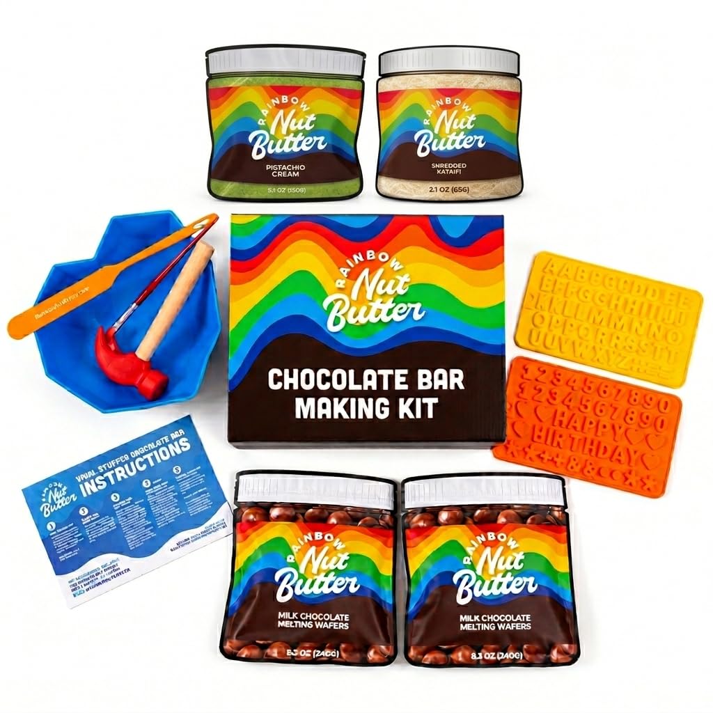 Rainbow Nut Butter Giant Breakable Heart DIY Dubai Chocolate Making Kit - Reusable Silicone Mold, Mini Hammer, Chocolate Wafers, Kanafeh, Pistachio