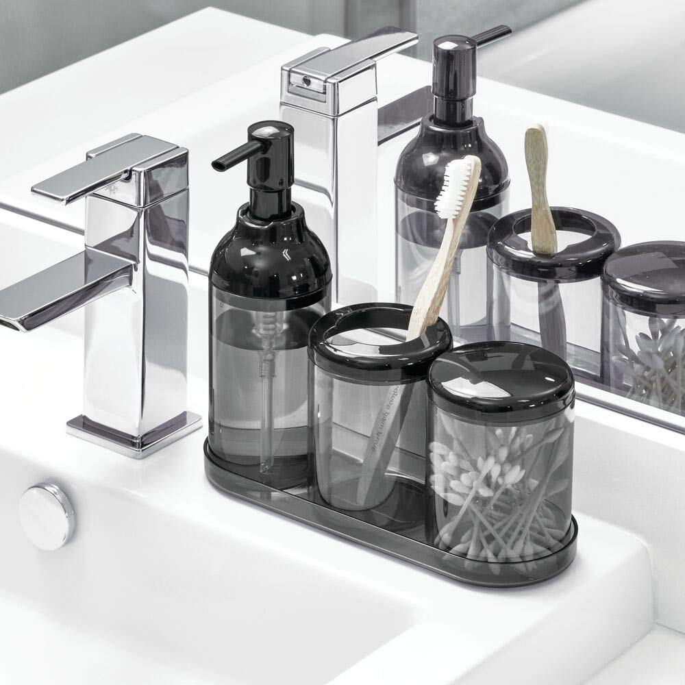 iDesign Finn Bowl Brush and Holder, Toilet Cleaning Set for Bathroom-Black/Smoke, 2 Each