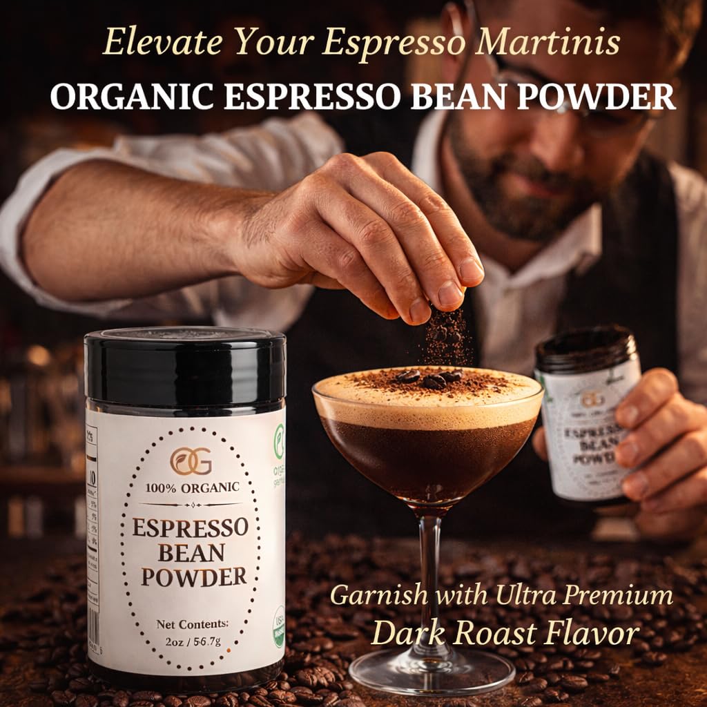 Organic Espresso Bean Powder - Ultra Fine Coffee Powder for Espresso Martini Garnish, Craft Cocktails, Desserts & Baking - 100% Organic Espresso Beans