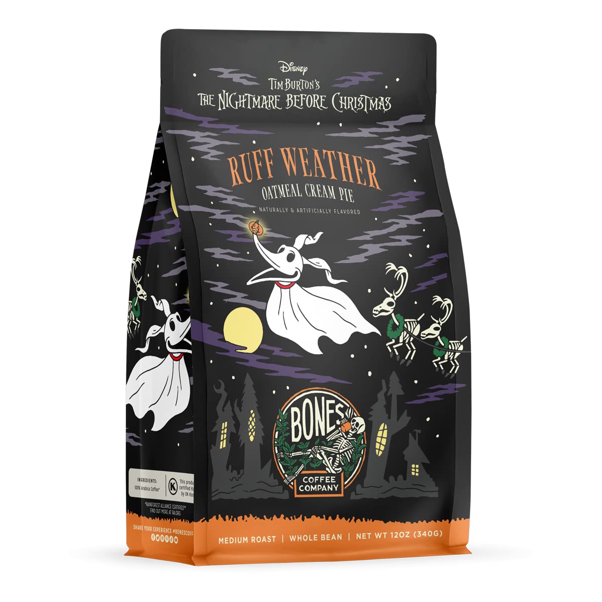 Bones Coffee Company The Nightmare Before Christmas Ruff Weather Flavored Coffee Beans, Whole Bean Coffee Medium Roast Low Acid, Oatmeal Creampie