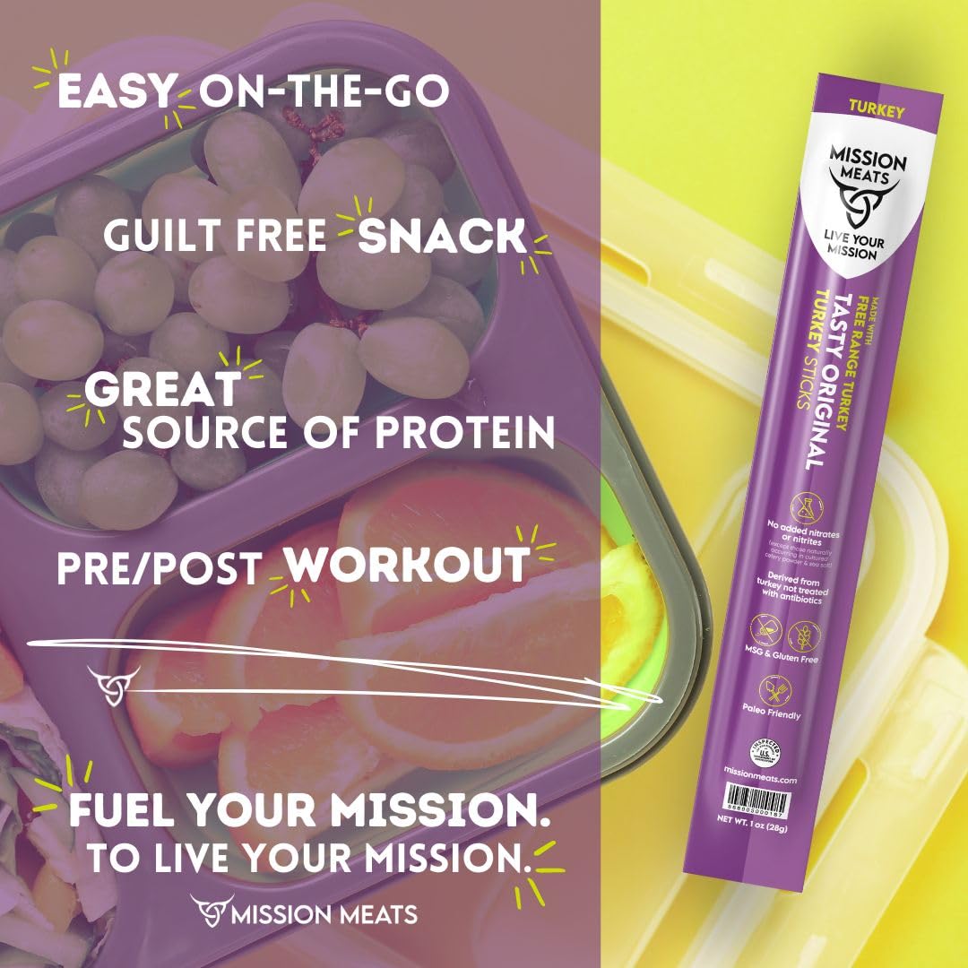 Mission Meats Turkey Sticks, 100% Free Range Turkey Jerky, Zero Sugar, Delicious Healthy Snacks, 9g Protein, Individually Wrapped, Gluten Free