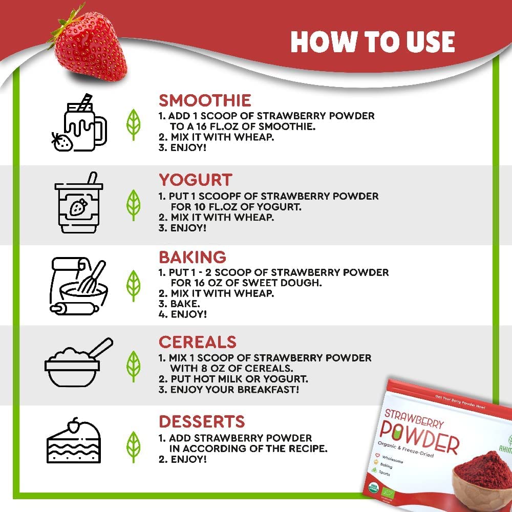 Organic Freeze Dried Strawberry Powder 8 oz | USDA Certified | Vegan Vitamin Food | Natural Organic Fruit Powder