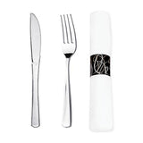 Party Essentials Party Supplies Wrapped Silverware Set Disposable, Pre Rolled Napkin and Cutlery, Forks/Knives Silver, 50 Units