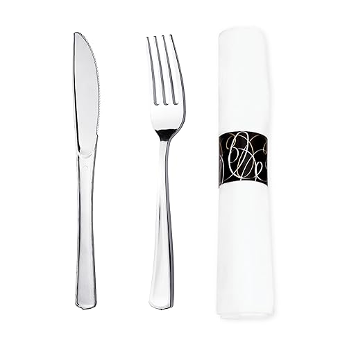 Party Essentials Party Supplies Wrapped Silverware Set Disposable, Pre Rolled Napkin and Cutlery, Forks/Knives Silver, 50 Units