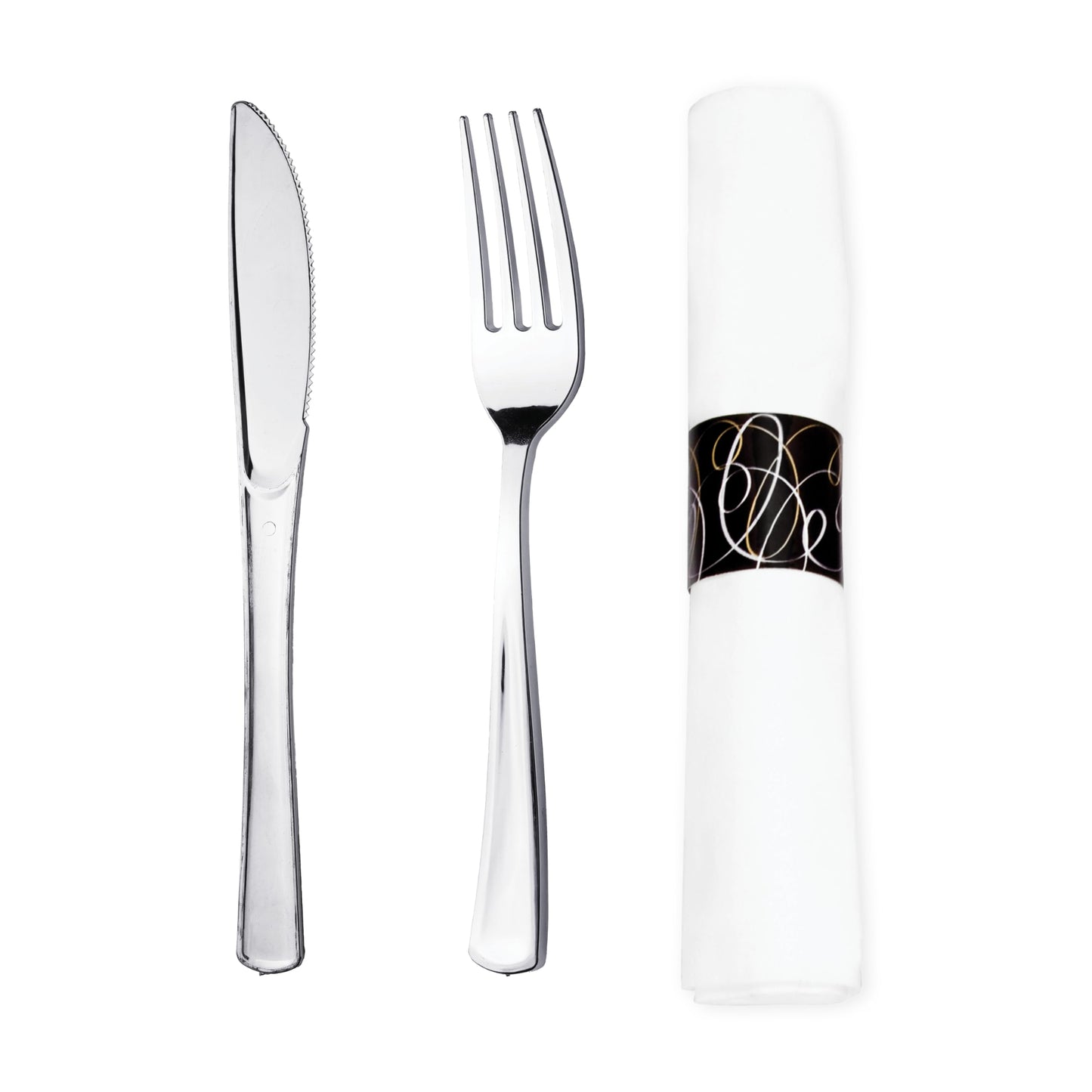 Party Essentials Party Supplies Wrapped Silverware Set Disposable, Pre Rolled Napkin and Cutlery, Forks/Knives Silver, 50 Units