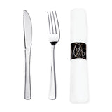Party Essentials Party Supplies Wrapped Silverware Set Disposable, Pre Rolled Napkin and Cutlery, Forks/Knives Silver, 50 Units