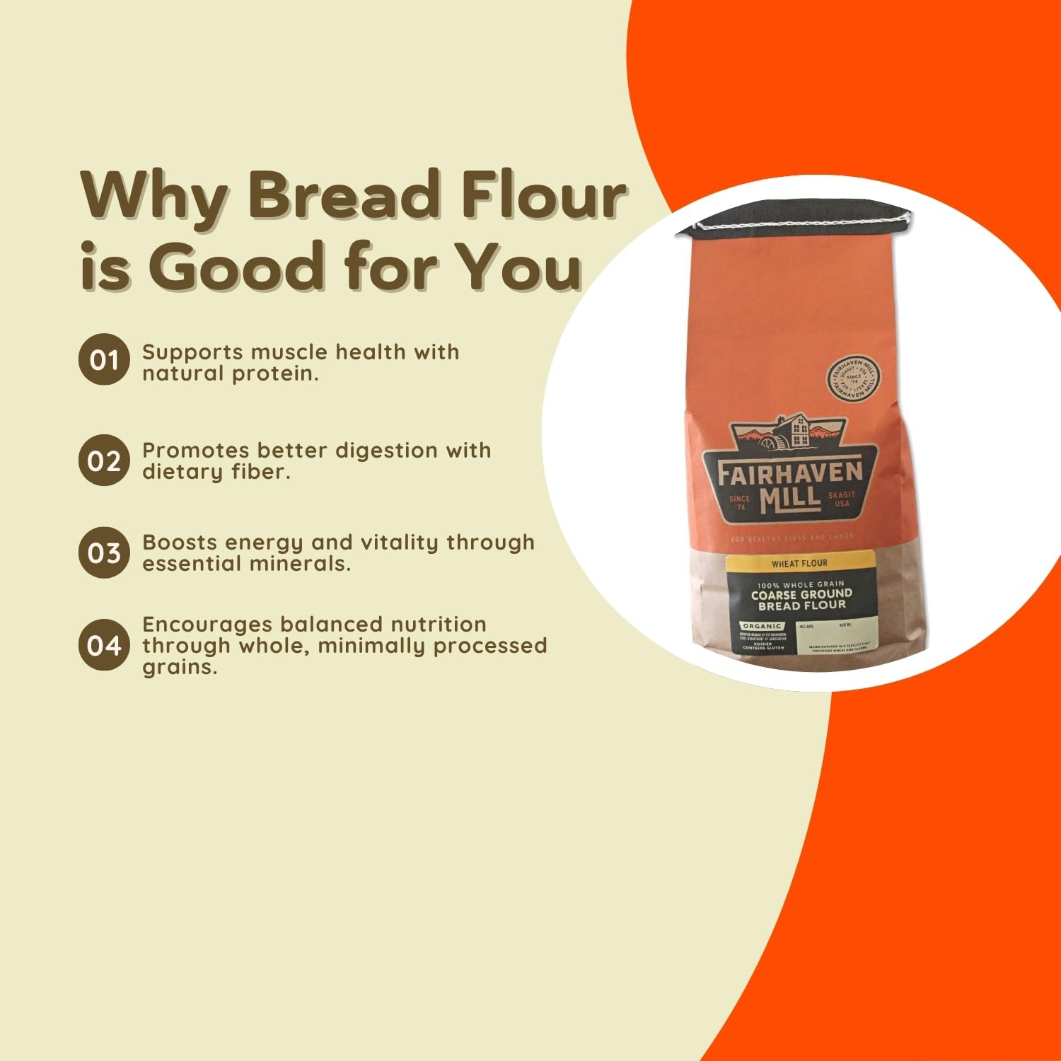 Fairhaven Mill Coarse Ground Whole Wheat Bread Flour - USDA Organic Certified and 100% Whole Grain - Rustic Texture for Artisan Loaves, Rolls, Pizza