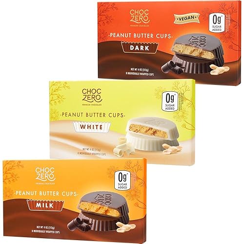 ChocZero Peanut Butter Cups Variety Pack, No Added Sugar, Keto, Low Carb Snack, 24 Individually Wrapped Cups Total (4 Ounce, Pack of 3)