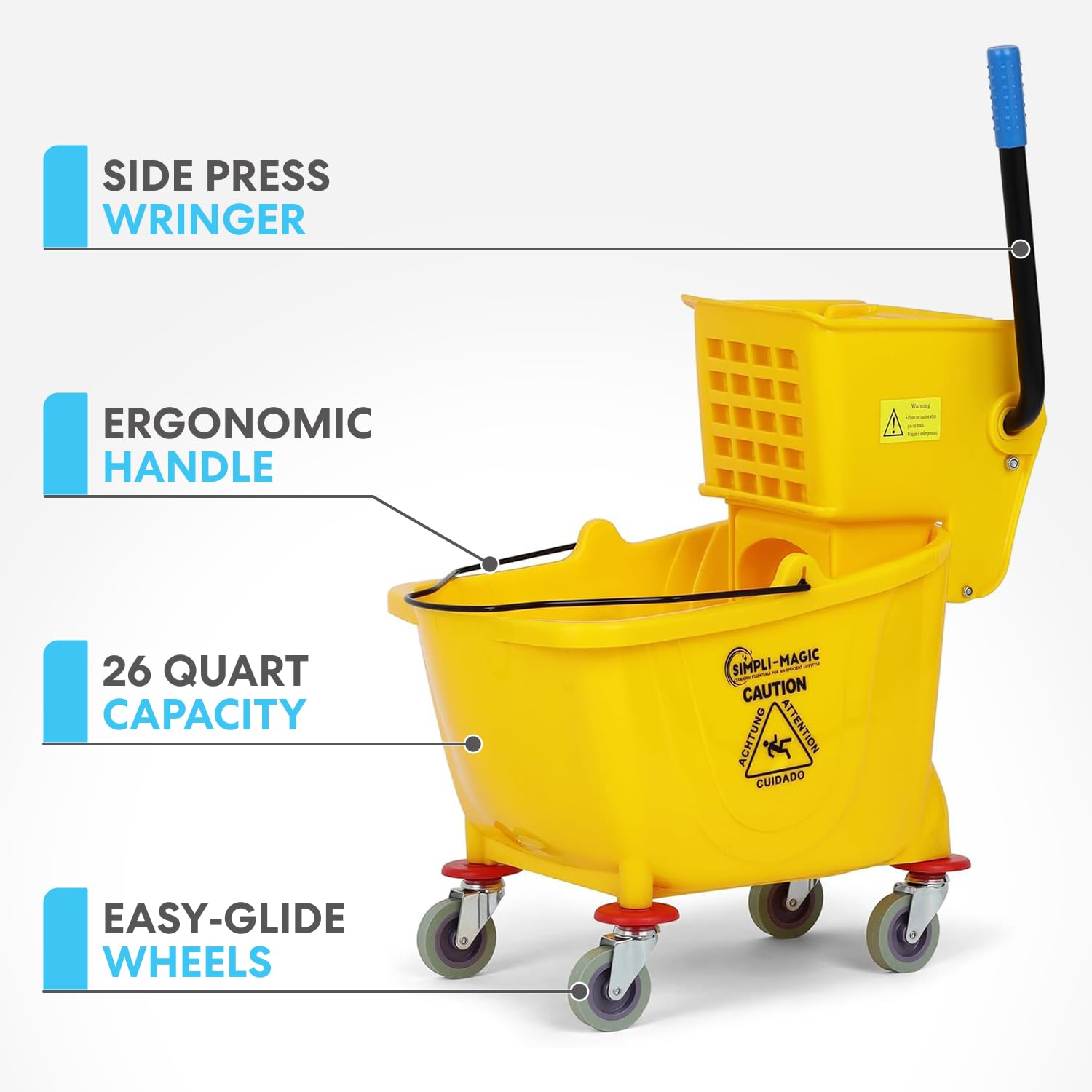 Simpli-Magic Commercial Mop Bucket with Side Press Wringer, 26 Quart - 50,000 Cycles Wringer - Industrial Mop Bucket with Wheels, Yellow