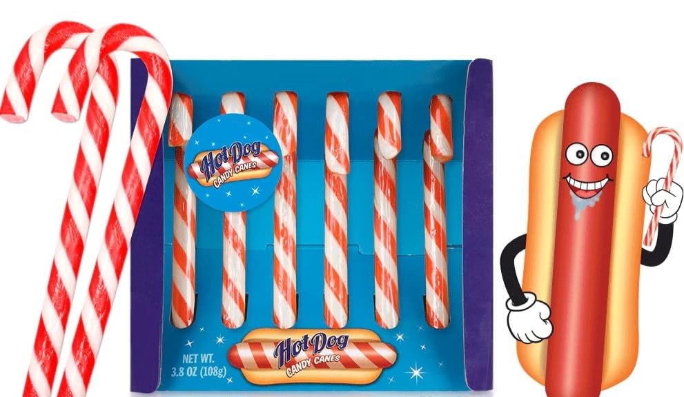 HOT DOG Flavored Christmas Candy Canes 18ct - Funny Savory Holiday Candy, Novelty Gag Gift, Weird Flavor Stocking Stuffers
