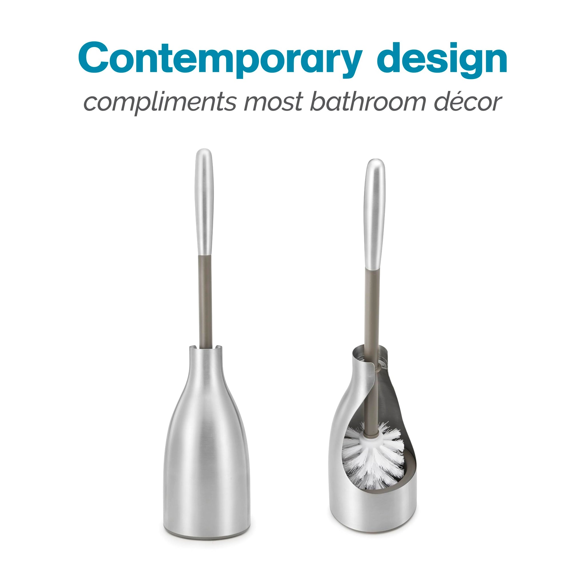 Polder Sleek Stainless Steel Toilet Brush with Caddy, Slim and Discreet Design, Open-Back Design for Odor Control, Rust-Resistant Stainless Steel, 2