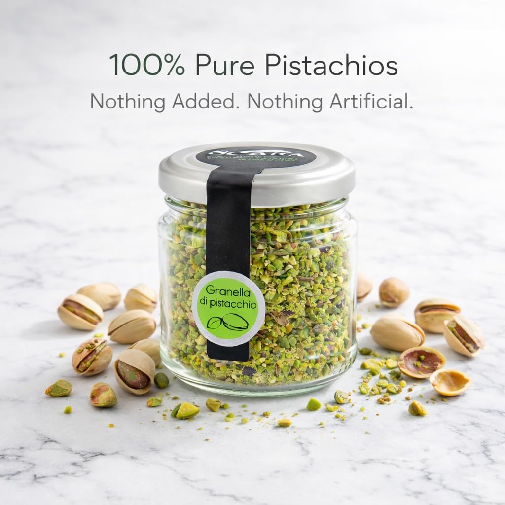 Sciara Chopped Pistachios - Sicilian Unsalted Pistachio Nuts from Bronte Italy - Premium Crushed Pistachios for Baking & Topping - Glass Jar 100g (3.5