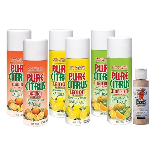 Pure Citrus Non-Aerosol Air Freshener Spray, 4 oz (Orange, Lemon & Citrus Blend), 2 Packs Each Bundled with 1 Pack DU-MOST Walnut Hand Scrub Travel