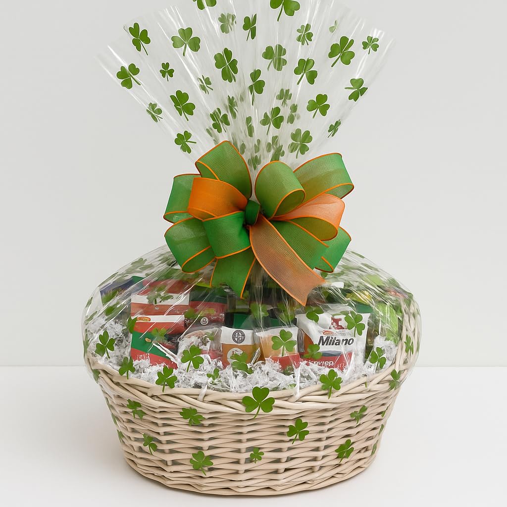 St. Patrick’s Day Gift Basket with Chocolate, Candy & Snacks - 16 Inch Tray Shamrock Wrapped Gift Basket - Irish Holiday Treats for Family, Friends