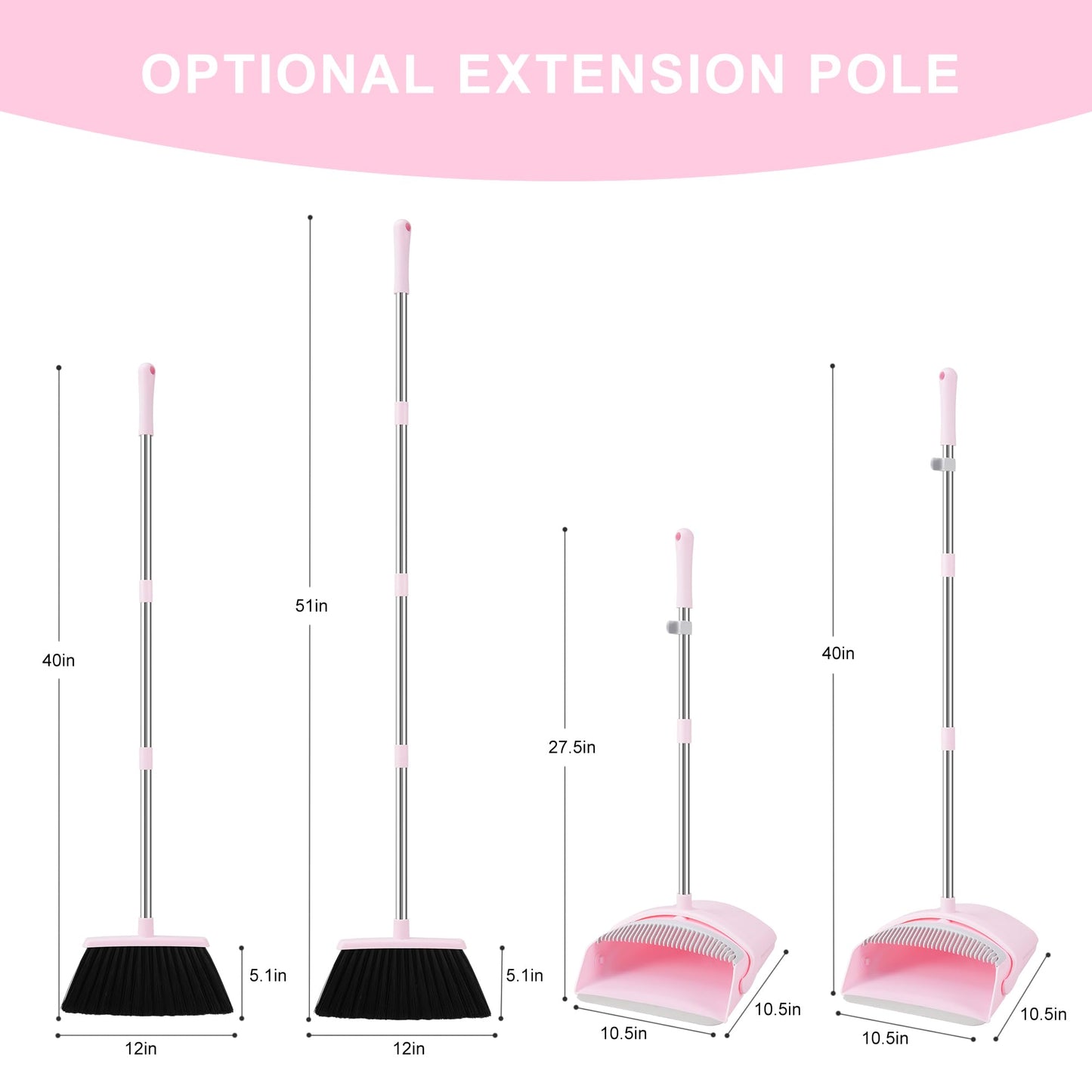Pink Broom and Dustpan Set for Home, 52-in Long Handle Broom with Dustpan Combo with Dustpan Teeth Easy to Scrape Off Pet Hair, Indoor&Outdoor