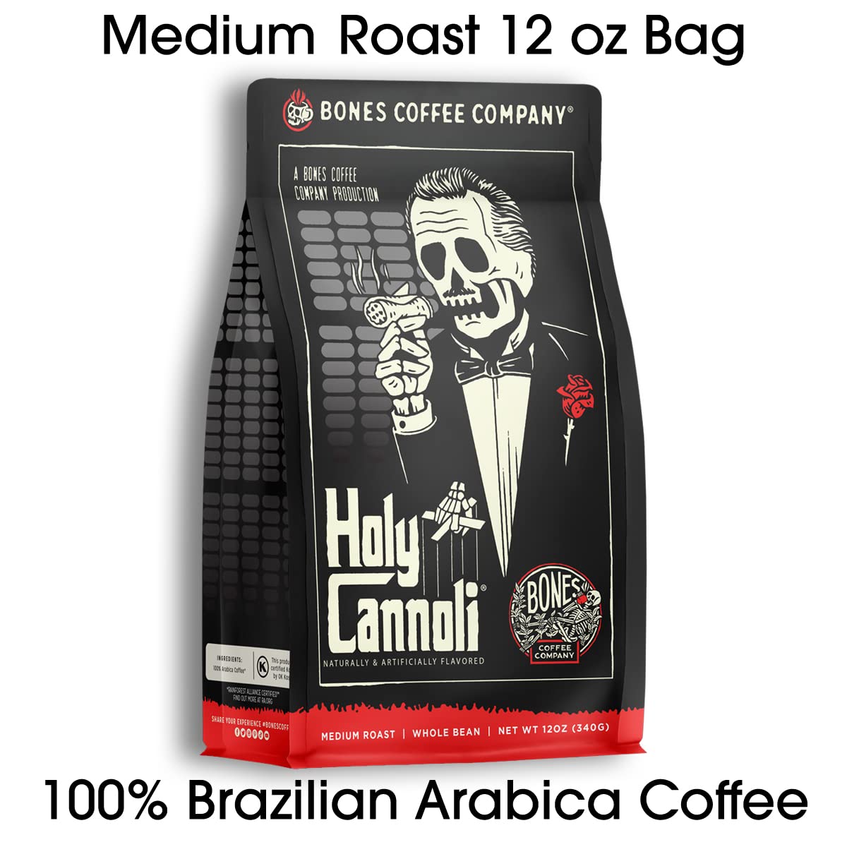 Bones Coffee Company Holy Cannoli, Baked Cannoli Flavored Coffee, Medium Roast Low Acid Arabica Beans Compatible with Auto drip and French Press