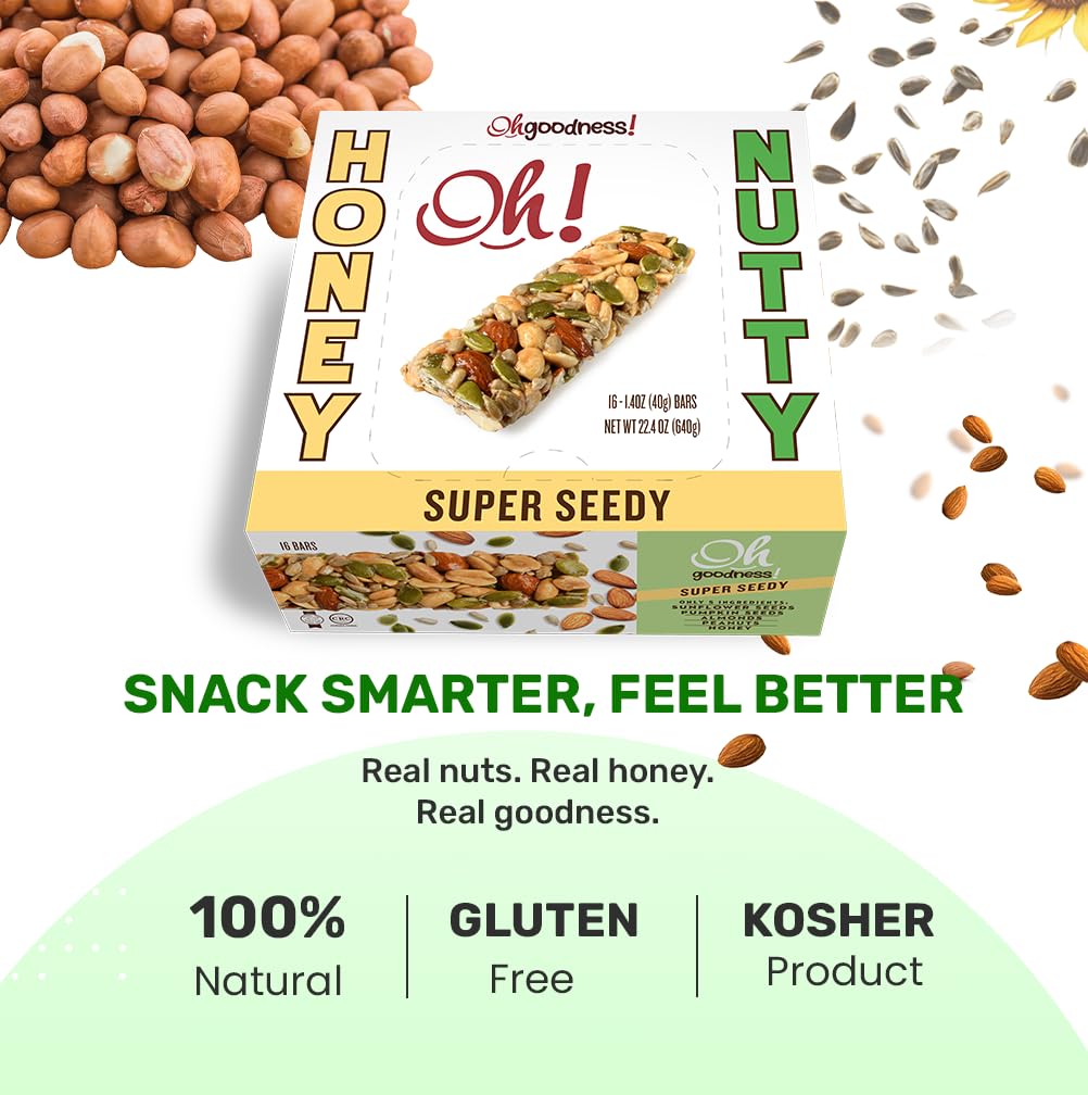 Oh Goodness! Honey Nutty-Nut Bars 16 Pack. All Natural, No Preservatives, No Artificial Flavors, Non GMO, Kosher, Honey Sweetened