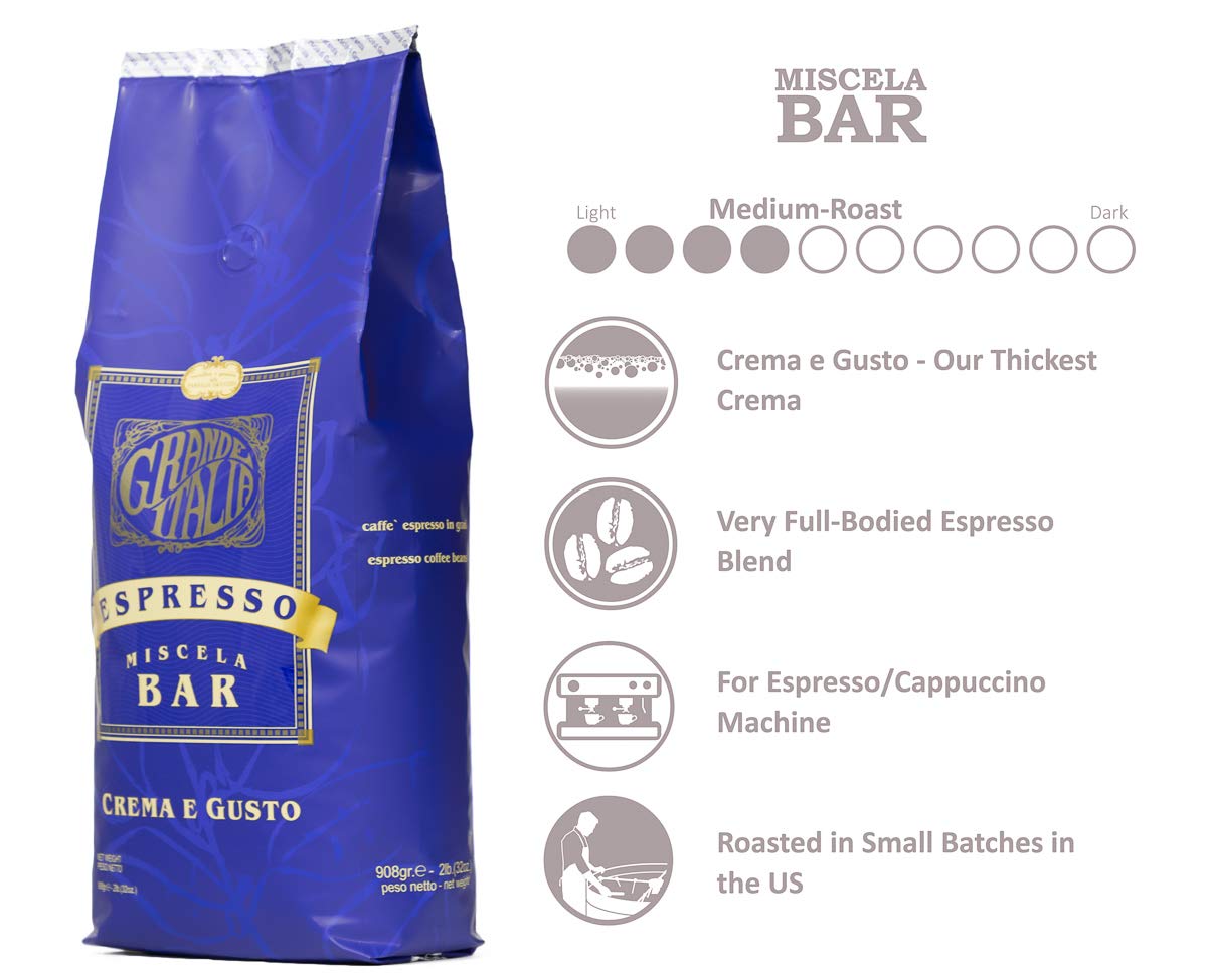 Grande Italia Whole Bean Espresso, Miscela Bar, Small Batch Artisan Roasted 2lbs