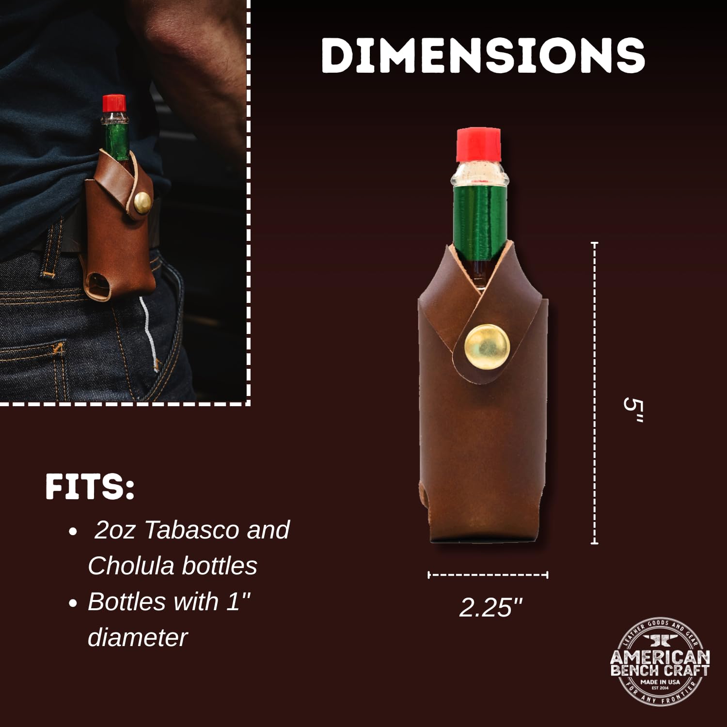 Hot Sauce Holster - Full Grain Leather Belt Holder - Solid Brass Snap - Convenient Slip-On Hot Sauce Bottle Holster - Fits 2 oz. Tabasco & Cholula