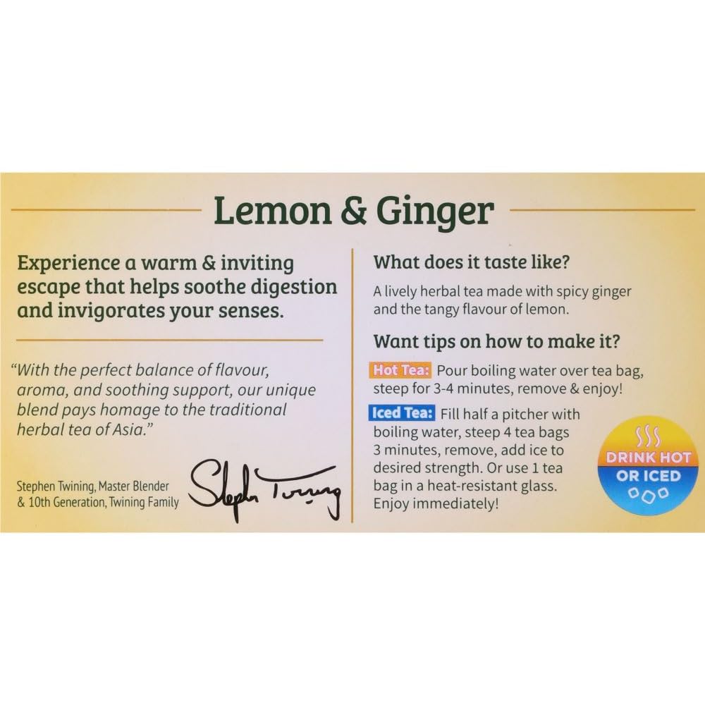 Twinings Lemon & Ginger Herbal Tea Individually Wrapped Bags, 20 Count (Pack of 1), Tangy Lemon, Spicy Ginger, Naturally Caffeine-Free, Enjoy Hot or