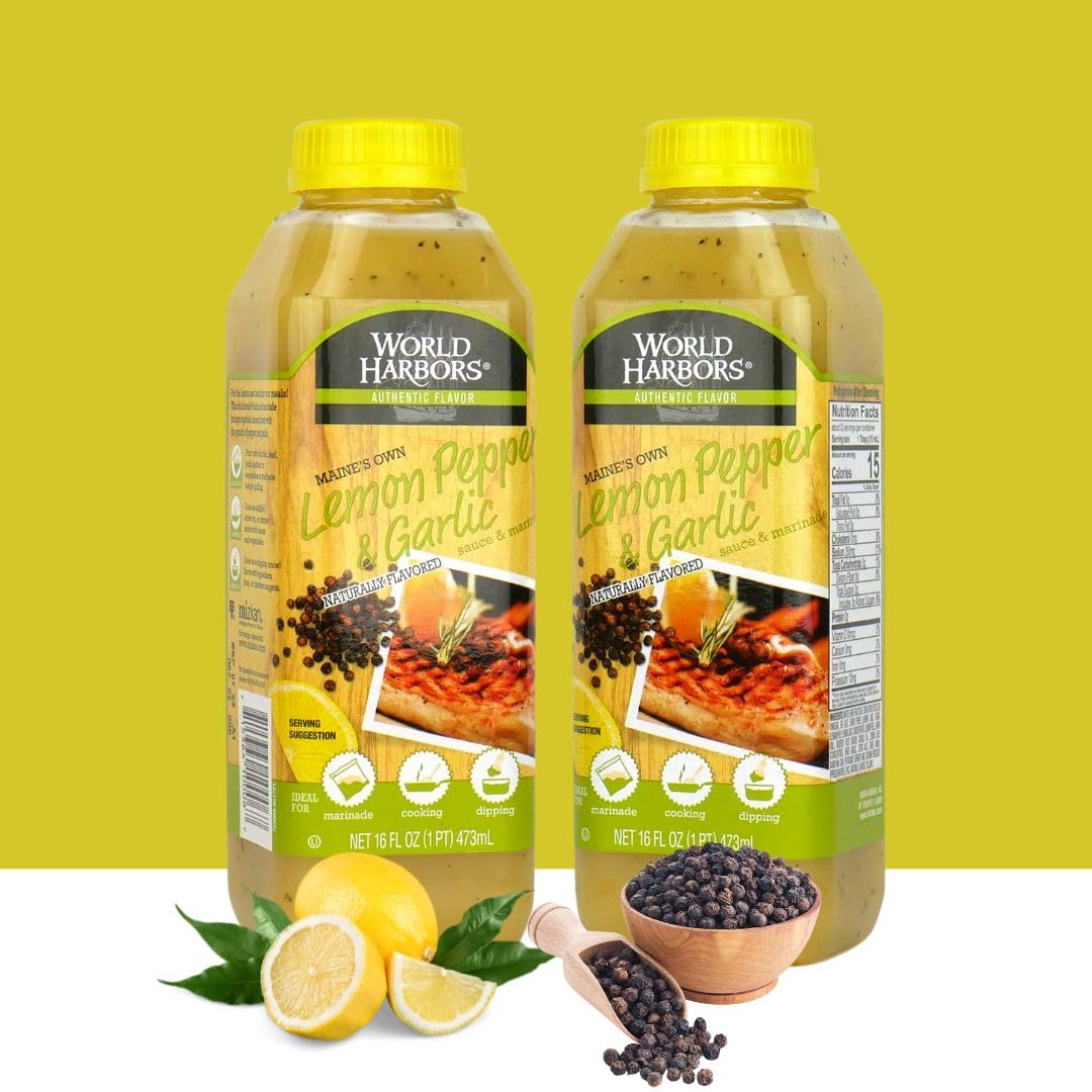 World Harbors Lemon Pepper Garlic Sauce & Marinade, Made in Maine, Ideal for Chicken Wings, Seafood, Grilled Meats, Salads, Stir-Fries, Sandwiches