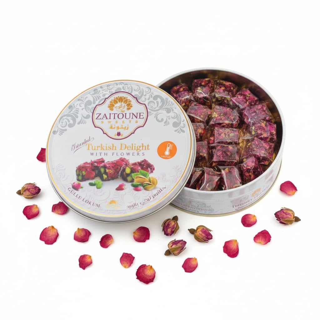 Zaitoune Rose Covered Turkish Delight - 9 oz | Stuffed with Pistachios & Cashews | Coated with Dried Rose Petals | Authentic Luxury Lokum Sweets in