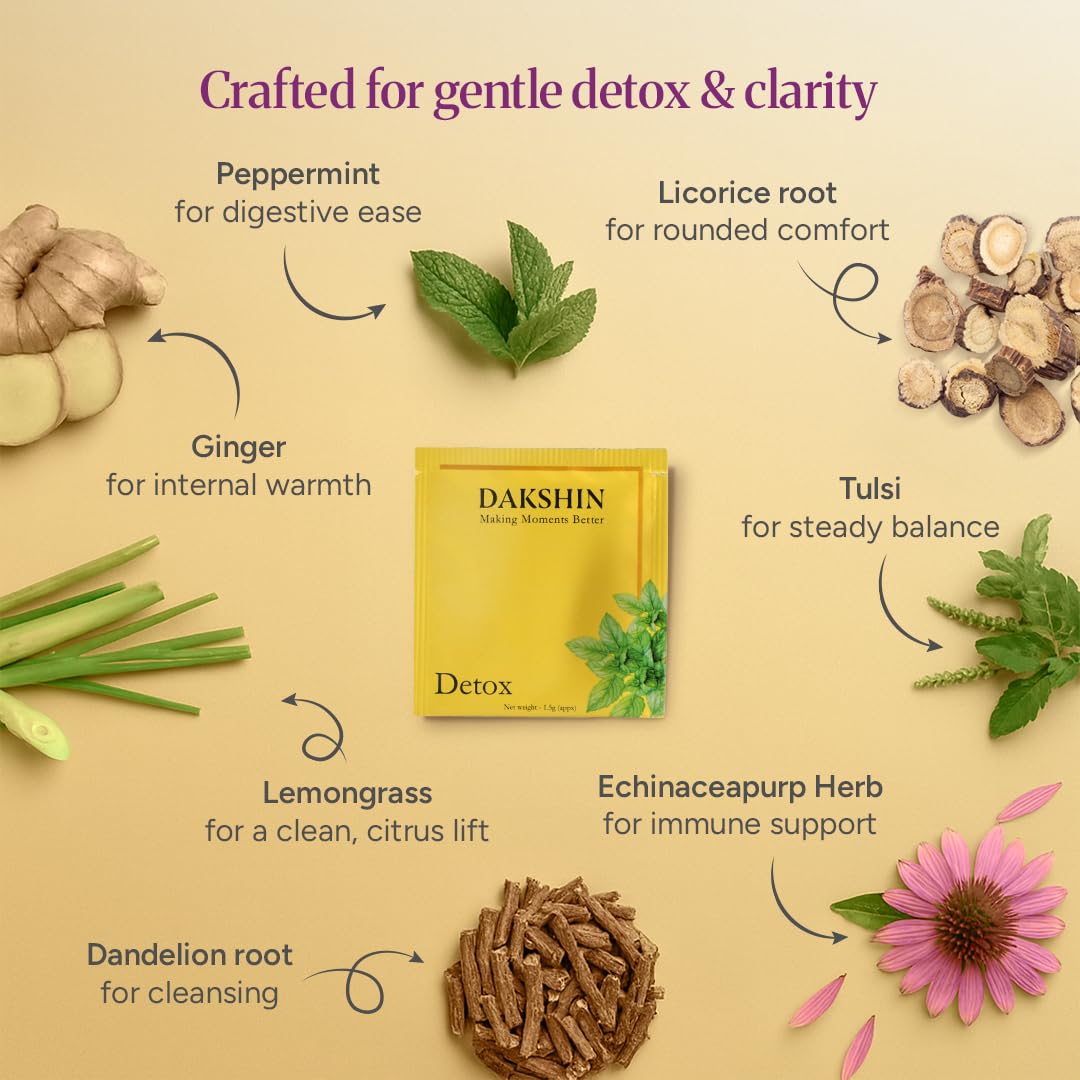 DAKSHIN Organic Detox Tea Bags | Lemongrass, Tulsi, Echinacea, Dandelion & Ginger | Naturally Cleansing Daily Wellness Tea | Caffeine-Free | USDA