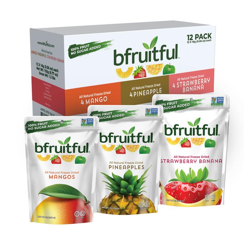 bfruitful Freeze Dried Fruit Variety Pack - Mango, Strawberry Banana & Pineapple, Freeze Dried Fruit Snacks for Kids & Adults, No Sugar Added, Vegan