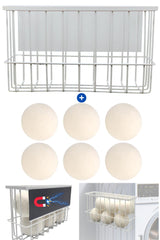 Magnetic Dryer Ball Holder Plus 6 XL Wool Dryer Balls from New Zealand Wool- Laundry Dryer Balls Storage Containers: Easy Install Without Tools