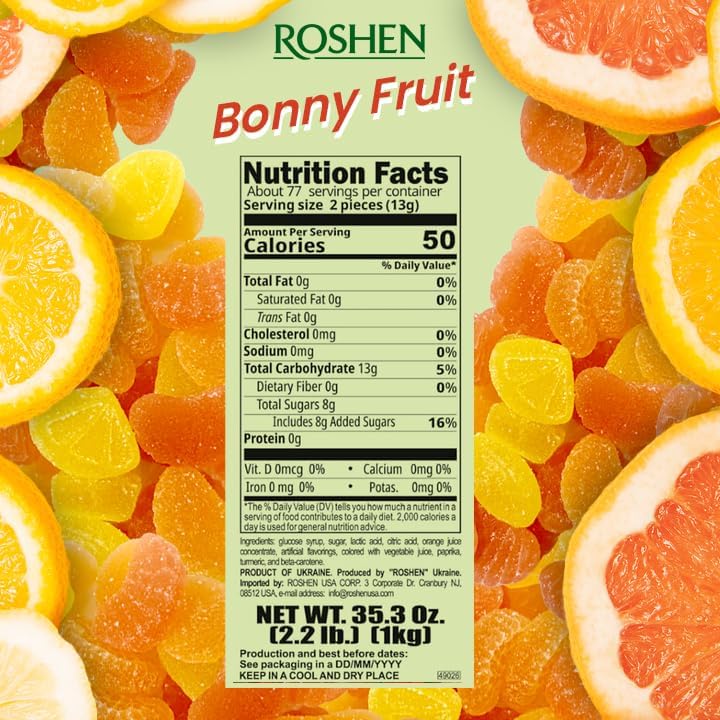 Roshen Bonny Fruit Jelly Candy, Citrus Mix, 7.05 oz (200g) - Soft Chewy Fruit Jelly Candies with Natural Pectin, Sugar Coated Citrusy Flavored Candy