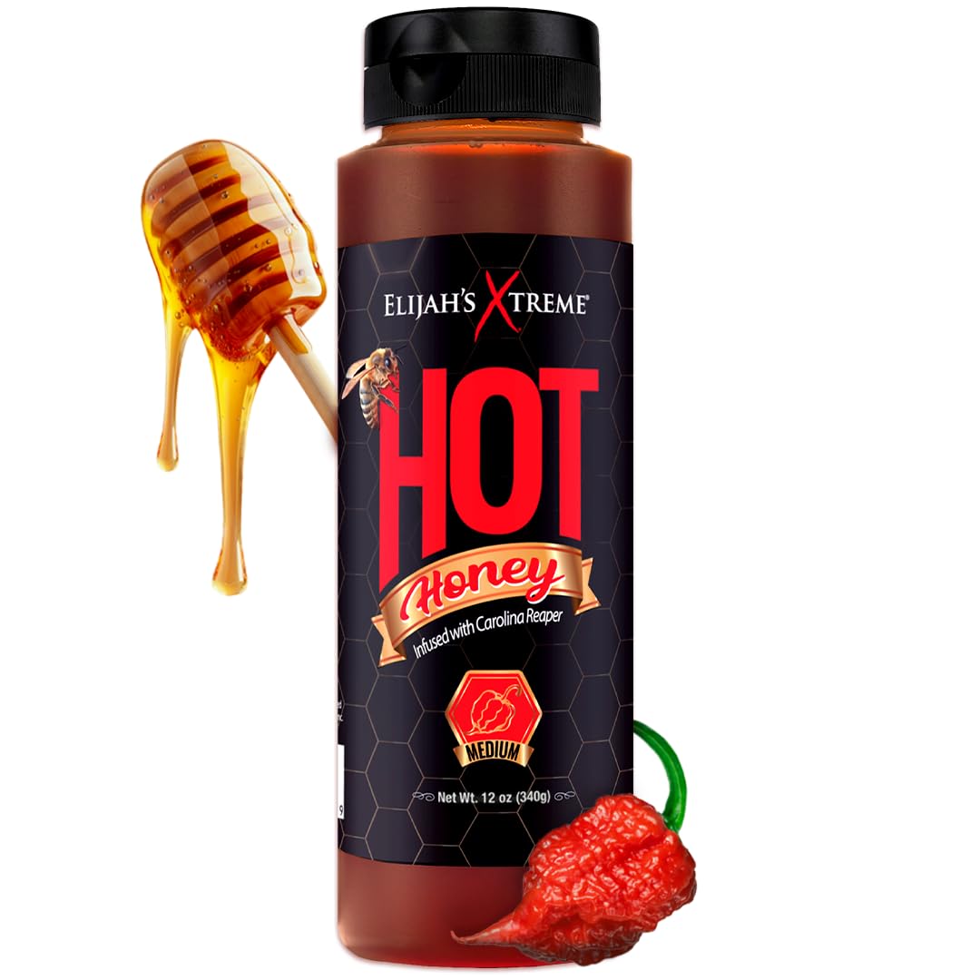 Elijah's Xtreme Hot Honey, 100% All Natural Pure Honey Infused with Carolina Reaper Peppers, Medium Heat Sweet & Spicy Honey Sauce Flavor, 12 oz