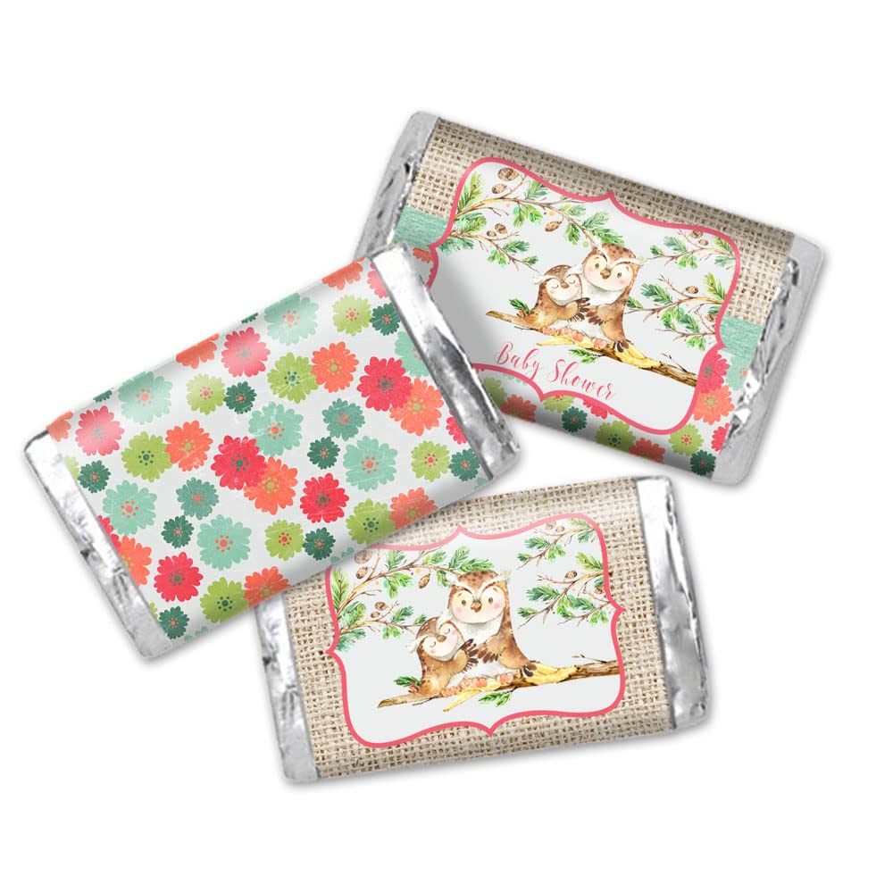 Amanda Creation “Guess Whooo” Cute Owl Baby Girl Shower Sprinkle Mini Chocolate Candy Bar Sticker Wrappers, 45 1.4" x 2.6" Wrap Around Labels, Great