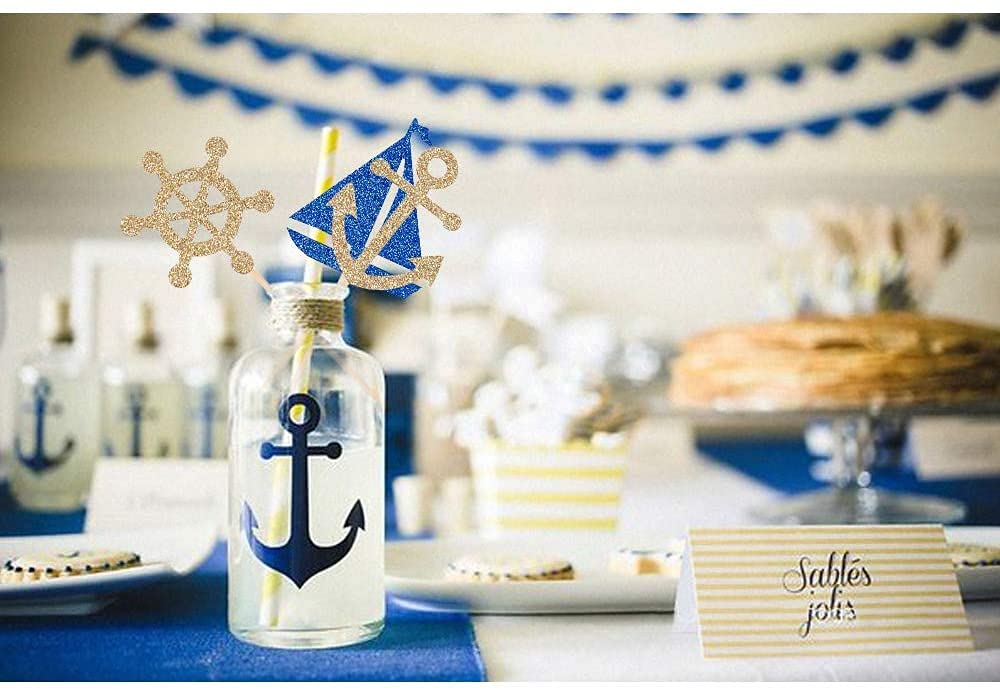 24 Pcs Nautical Theme Glitter Cupcake Picks Cupcake Toppers Food Fruit Picks for Decoration Party Favors