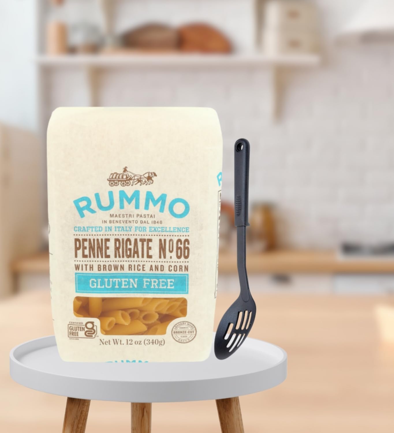 Penne Pasta - 6x Pasta Penne Rigate, 12oz Bundle with Slotted Spoon - Gluten Italian-pasta with sauce-holding texture and non-stick safe utensil