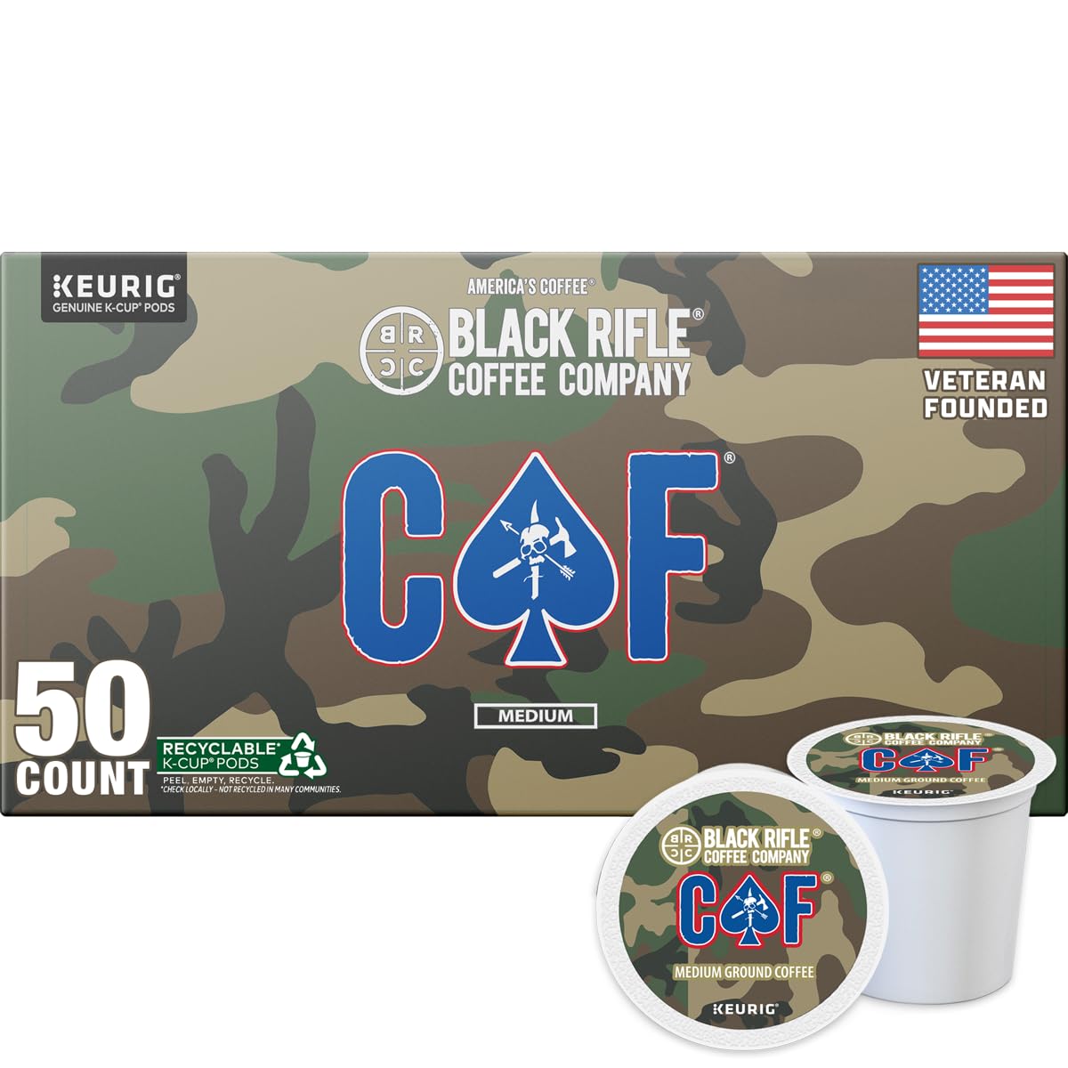 Black Rifle Coffee Company CAF, 50 Count, Medium Roast K Cups - Single Serve K Cups Coffee Pods - Kcup Pods Compatible with Keurig 1.0 & 2.0 - Made
