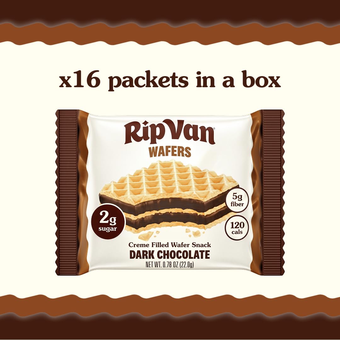 Rip Van Dark Chocolate Wafer Cookies - Healthy Snacks - Non GMO, Keto, Low Carb, Low Sugar (2g), Low Calorie and Vegan, 16 Count